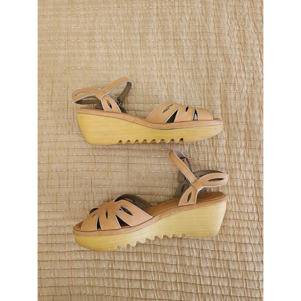 Cherokee of California Vintage 70s Tan Leather Platform Wedge Sandals Womens 7 - Picture 4 of 8